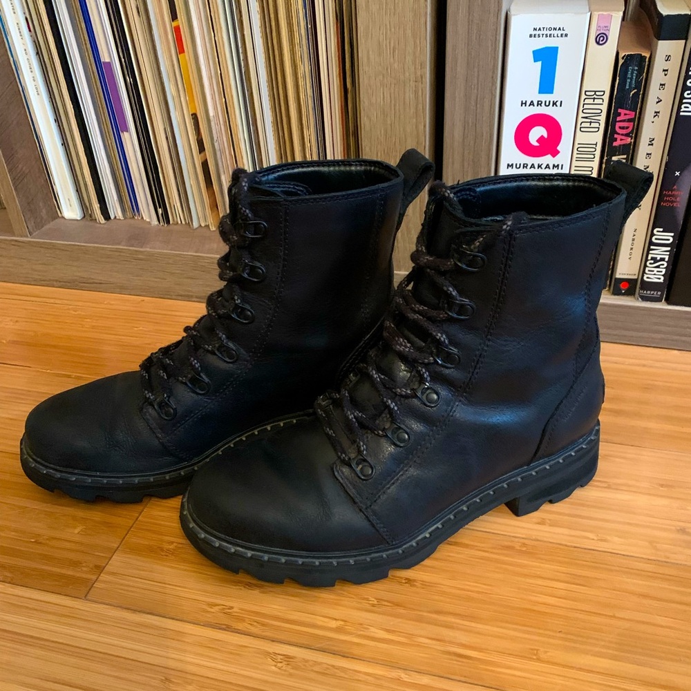 Sorel Lace Up Waterproof Black Leather Combat Boots